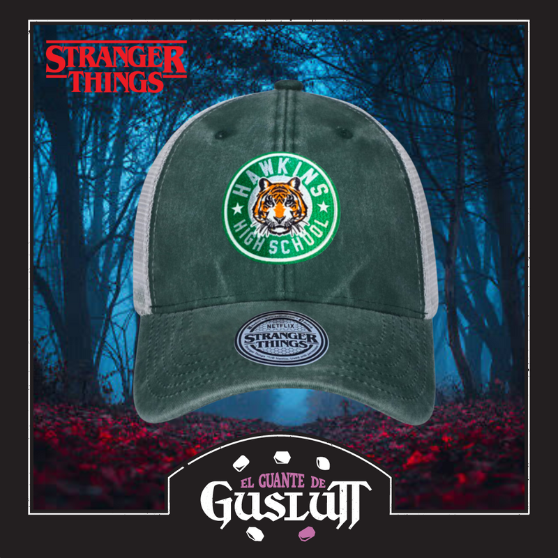 Gorra Stranger Things “Hawkins High School” Verde-Blanca Trucker